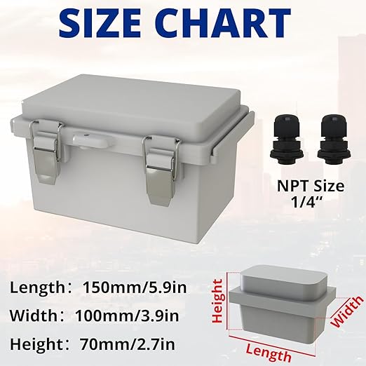 MAKERELE Small Waterproof Electrical Box Outdoor IP67 ABS Plastic Enclosure with Mounting Plate,Hinged Grey Cover,Wall Bracket,Stainless Steel Buckle and 1/4" NPT*2 (5.9"×3.9"×2.7")