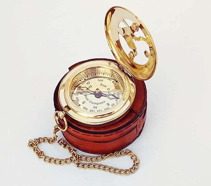 Antique Brass & Copper Sundial Compass – A Unique Gift of Elegance with Sundial Clock, Ship Replica Watch, and Presentation Box