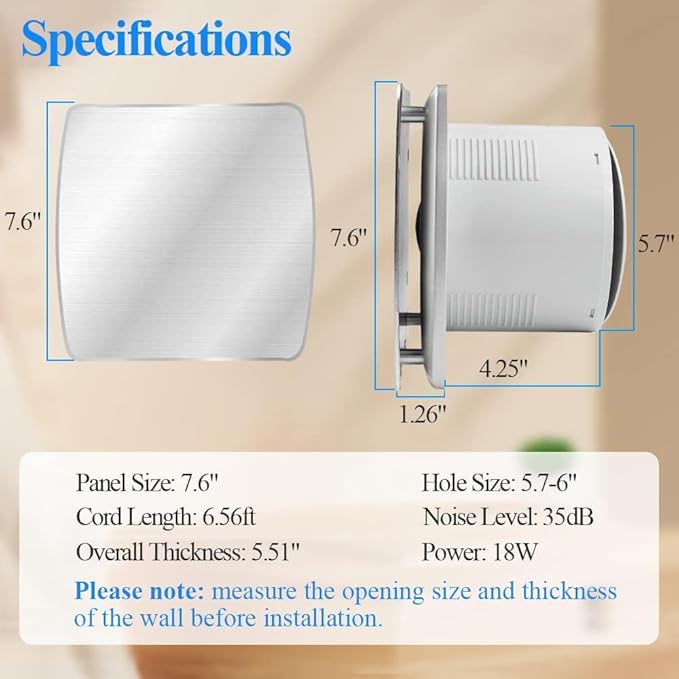 WiseWater Bathroom Exhaust Fan, 110V ac 140CFM 6” Duct 7.6" Panel Extractor Fan, Ceiling&Wall Mounted Ventilation Fan for Bathroom, Laundry Room, Office