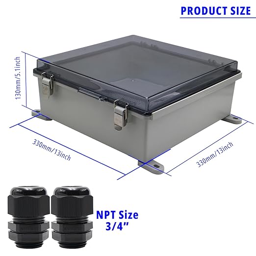 MAKERELE Outside Electrical Box Plastic Enclosure IP67 Waterproof junction Box Clear Cover Plate with Stainless Steel Buckles 13×13×5.1 inch(330×330×130mm)