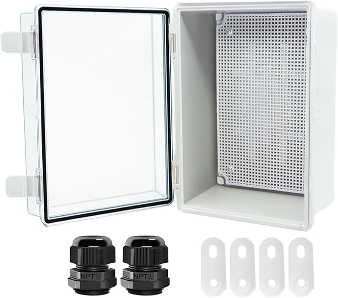 Junction Box, Hinged Clear Cover IP67 Waterproof ABS Project Box with 2 NPT 1/2" Cable Gland, Electrical Box Enclosure with Mounting Plate & Wall Bracket 11.4 x 7.5 x 5.5inch(290x190x140mm)