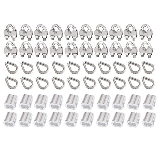 60Pcs M3 Stainless Steel Wire Rope Cable Clip clamp M3 Stainless Steel Thimble M3 Aluminum Crimping Loop Sleeve for 1/8 inch Wire Rope Cable（3 Styles, 20PCS Each）