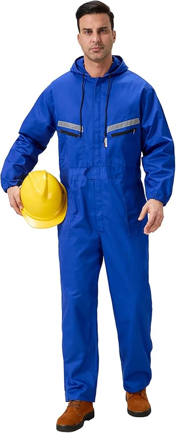 Mens Work Coveralls Mechanic Hooded Overall Workwear Jumpsuits Long Sleeve Hi Viz Coverall with Zippers