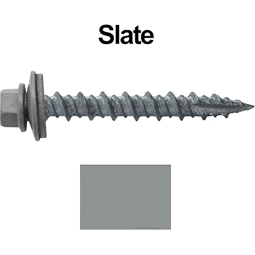 Metal Roofing Screws: (250) 10 x 1-1/2" Slate Hex Head Sheet Metal Roof Screw. Self Starting Metal to Wood siding Screws. EPDM Washer. Colored Head