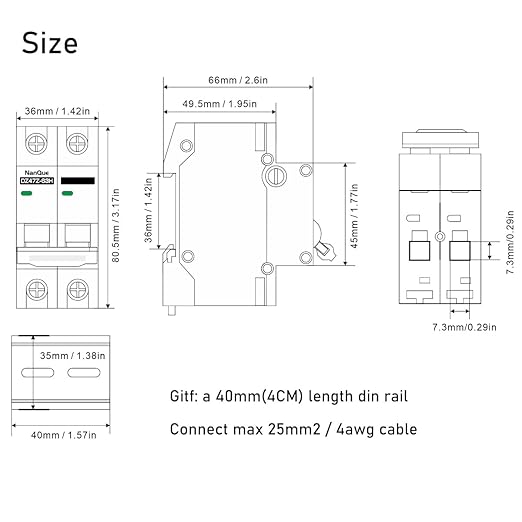 DC 36V to 250V Circuit Breaker 16/20/25/32/40/50/63A - 6kA PV Solar & Battery Protector, AC/DC Short-Circuit Overload Automatic Cut-Off, DIN Rail Mount, Fire-Safe Black Protector (20A)