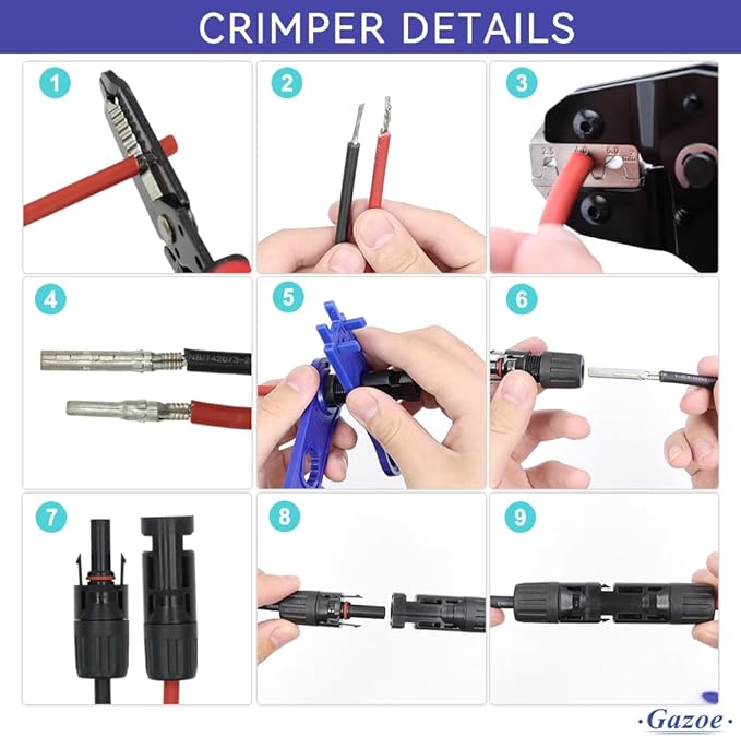 Solar PV Panel Crimping Tool Kit with Crimper Stripper and 10 Pairs Solar Connectors and 1Pair Solar Connector Spanner Wrench, Solar Crimper Tool works for AWG14-10,2.5/4/6mm²