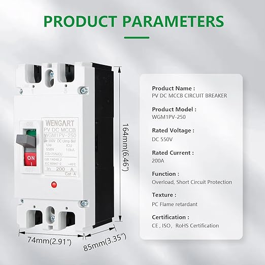 WENGART DC MCCB 500VDC WGM1PV-250,200Amp Solar DC Breaker Disconnect Switch with Arc Chutes&Flame Retardant Shell,2-Pole Protector for PV System,Battery Storage & DIY