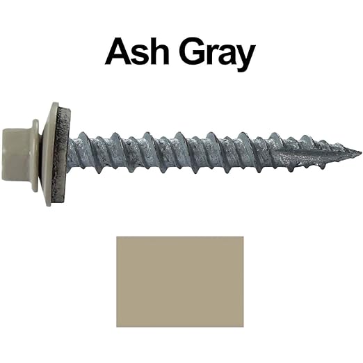 Metal Roofing Screws: (250) 10 x 1-1/2" Ash Gray Hex Head Sheet Metal Roof Screw. Self Starting Metal to Wood siding Screws. EPDM Washer. Colored Head