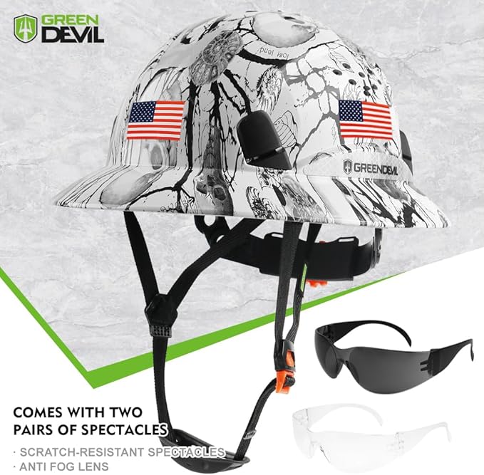 GREEN DEVIL Full Brim Hard Hat Vented Construction Safety Helmet OSHA Approved Cascos De Construccion ABS Work Hardhat for Men&Women 6 Point Adjustable Ratchet Suspension Custom Pattern Design