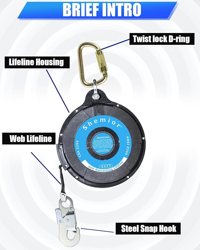 66FT Self Retracting Lifeline, Shemior No Tangle Lightweight Housing Web SRL, Self Retractable Safety Lanyard, Fall Arrest Protection PPE Gear for Roofing Construction, OSHA/ANSI Compliant