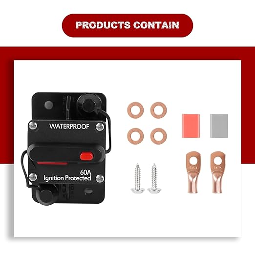 60Amp Circuit Breaker with Manual Reset, Waterproof Inline Fuse for Boat Trolling Motor Marine ATV Trailer Vehicles Stereo Audio Electronic Battery Solar System, Suitable for 12V-48V DC