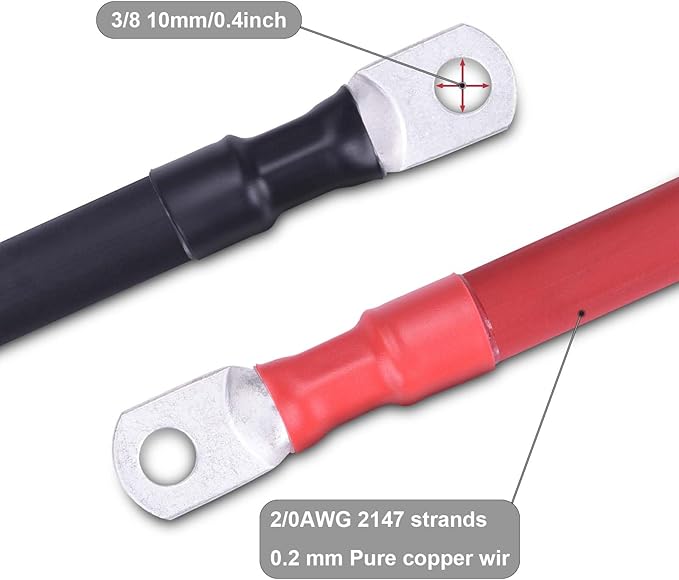 2/0 AWG Flexible Battery Cable with 3/8" Terminals - OFC Pure Copper Inverter & Welding Wire for Automotive Solar RV Motorcycle (Red + Black 2FT Pair)