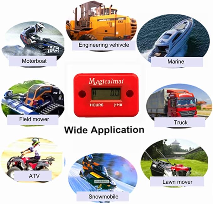 Inductive Hour Meter for Gas Engine Generator Lawn Mower Pressure Washer Marine ATV Boat Outboard Motor Dirt Bike Motorcycle Waterproof Hr Meters - Red