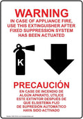 ComplianceSigns.com Warning In Case Of Appliance Fire, Use This Extinguisher (With Down Arrow) Bilingual Label Decal, 10x7 in. Vinyl