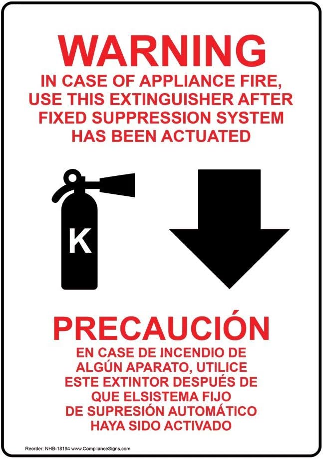 ComplianceSigns.com Warning In Case Of Appliance Fire, Use This Extinguisher (With Down Arrow) Bilingual Label Decal, 10x7 in. Vinyl