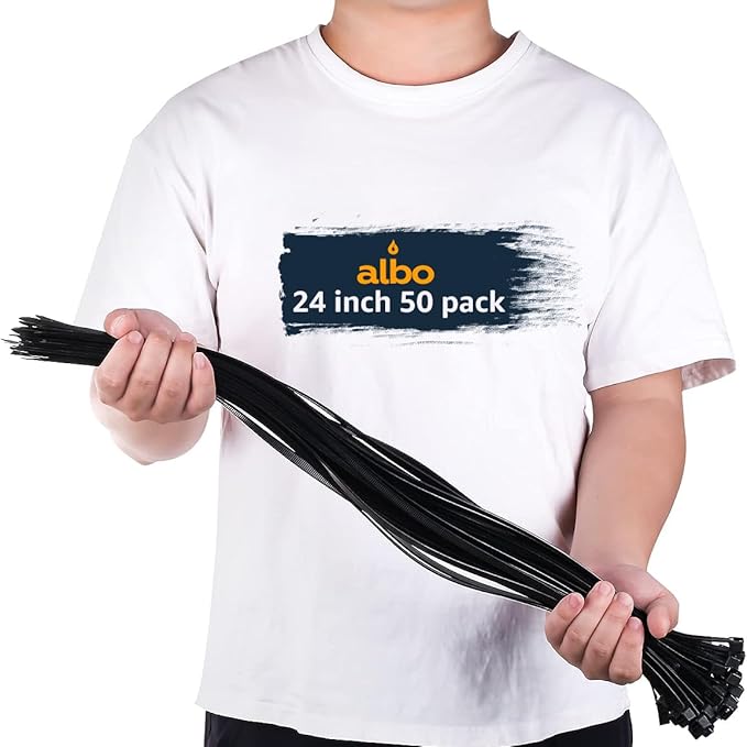 ALBO Zip Ties Black 24 Inch 50 Pack 200 lb, Long Plastic Cable Ties Thick 0,35 Inch Tie Wraps Heavy Duty UV Resistant Nylon Wire Ties for Indoor and Outdoor