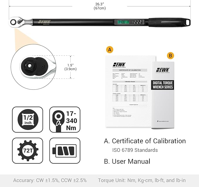 EWK 1/2" Drive Digital Torque Wrench 12.5-250 ft-lbs (17-340 Nm), High-Precision and Easy-to-Read, ±1.5% Accuracy for Car, Truck, Motorcycle & DIY Repairs