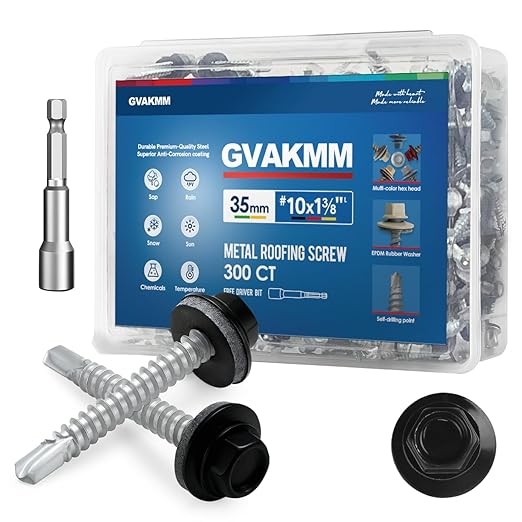 300Pcs #10 x 1-3/8" Black Metal Roofing Screws, Hex Colored Head Self-Drilling Metal to Wood Siding Fasteners, in Reusable Storage Case, Hex Driver Bit Included