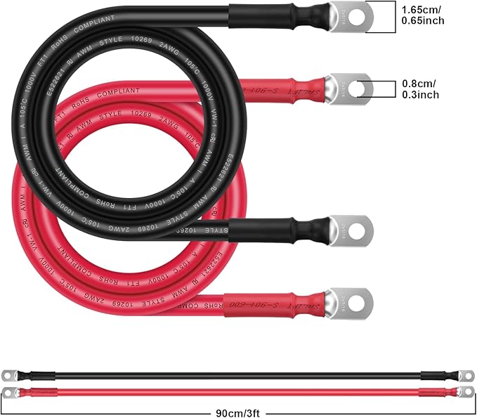 Battery Cable - iGreely 2 AWG 2 Gauge Wire Made with OFC Copper Wire Battery Power Inverter Cables with 5/16" Lugs Terminals for Welding Solar Panel Automotive Car Motorcycle RV Marine 3ft/90cm