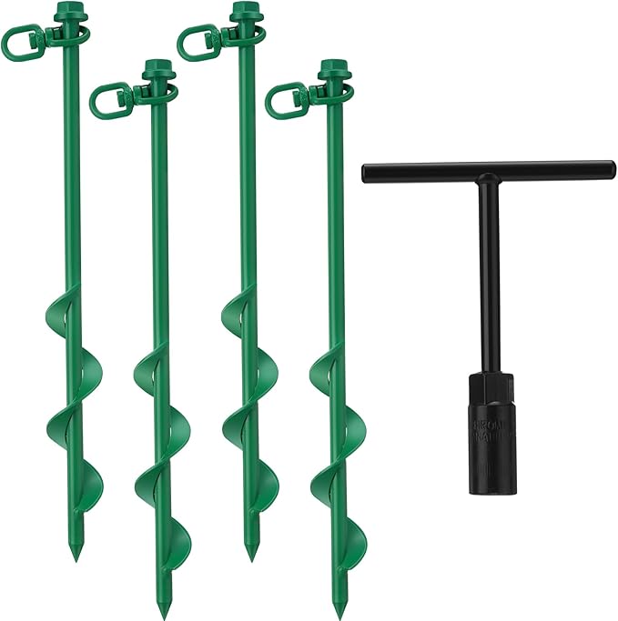 Hiboom 4 Pcs Ground Anchors with T Handle Hex Wrench Trampoline Hook, Ground Anchor Screw in Kit, Inflatable Outdoor Decorations Accessories for Camping Tents Car Ports Canopies (Green,12 Inch)