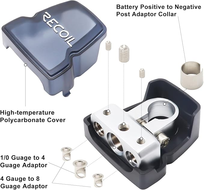 Recoil PBT-D04 2 Pack Premium Solid Brass Positive Negative Battery Terminals Clamps with One 0/2/4 Gauge Output and Two 4/8 Gauge Outputs