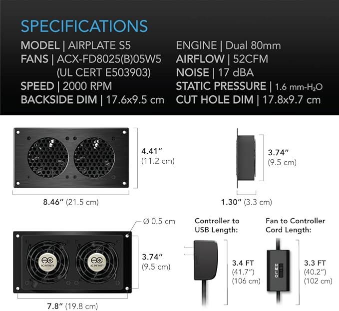 AC Infinity AIRPLATE S5, Quiet Cooling Fan System 8" with Speed Control, for Home Theater AV Cabinets (Pack of 2)