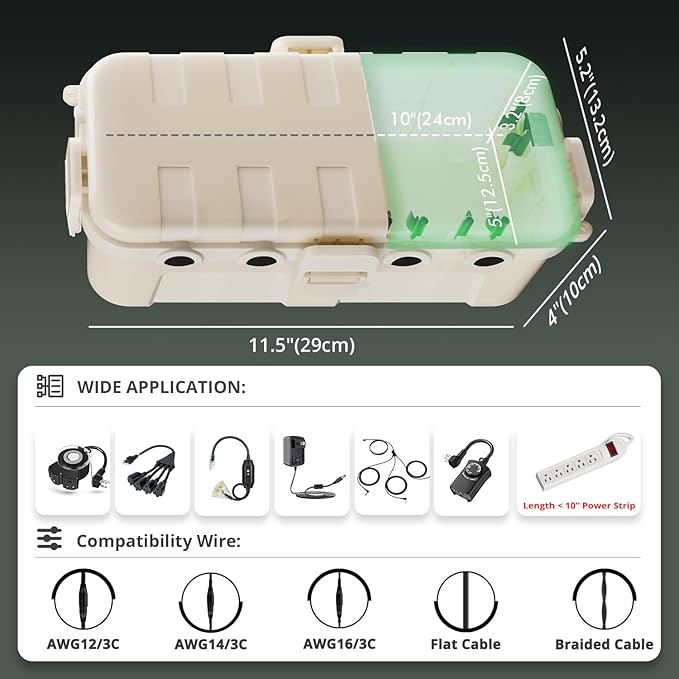QUOBAS 2 Pack Outdoor Waterproof Electrical Box with 6 Cable Ports, IP54 Weatherproof Heavy-Duty Extension Cord Cover for Power Strips, Garden Power Tools, Holiday Lights, Almond