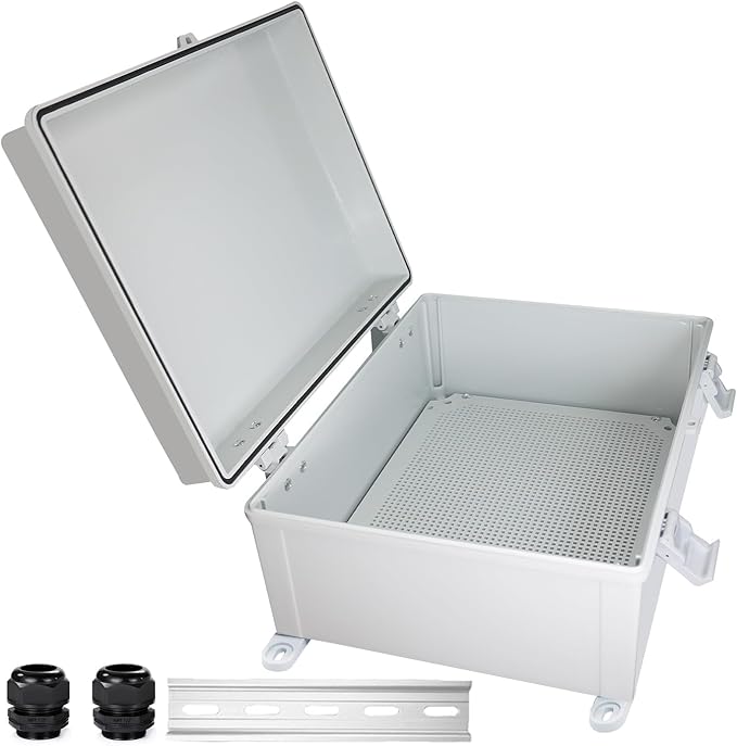 Waterproof Outdoor Electrical Box Junction Box Weatherproof IP67 ABS Plastic Enclosure Switch Router Project Box with Mounting Plate with Wall Bracket 2 Cable Glands Grey 15.74" x 11.81" x 6.7"