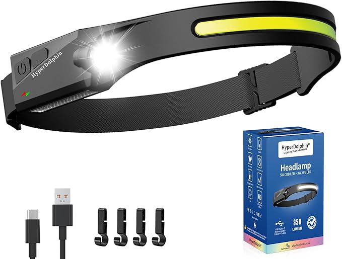 Headlamp Rechargeable LED 230° Wide Beam, USB-C Lightweight Head Lamp, Long Runtime, Water-Resistant for Camping, Hiking, Running, Fishing, Repair Work