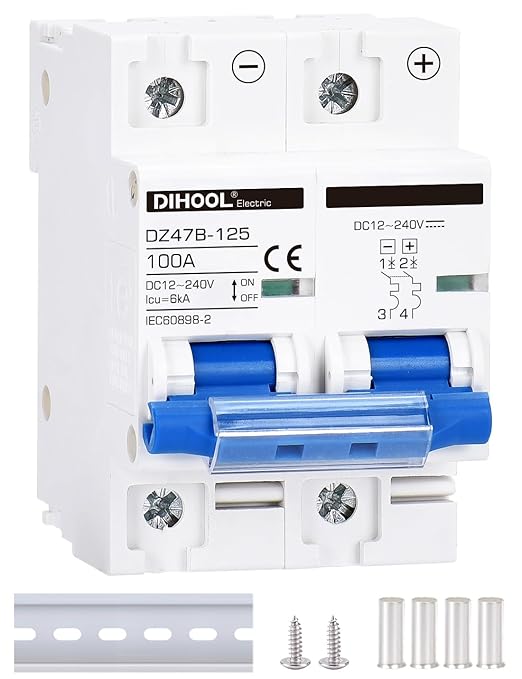 DIHOOL DC Circuit Breaker,100A 2 Pole,12V to 240 Volt Solar Disconnect Switch,DIN Rail Mount
