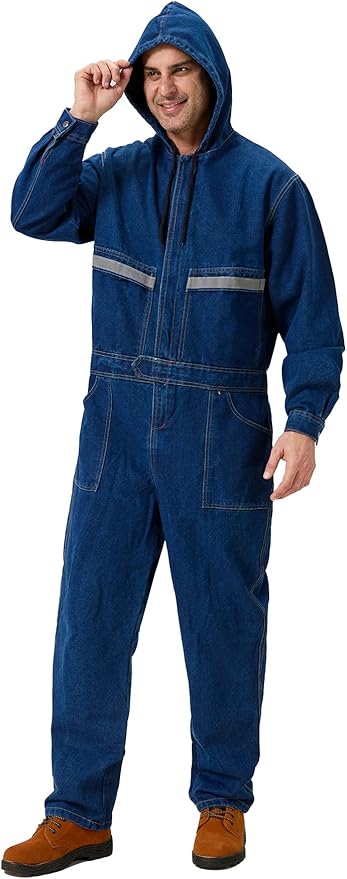 Mens Denim Work Coveralls with Hood Heavy Duty Work Jumpsuit Loose Fit Coverall Hi Viz Mechanic Jeans Overalls
