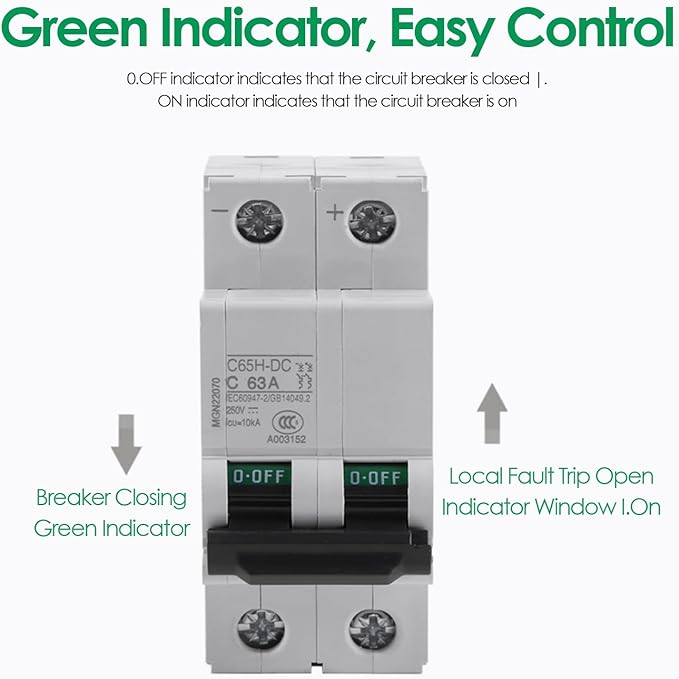 2P 250V Low Voltage DC Miniature Circuit Breaker for PV System, Grid System, DIN Rail Mount, Breaker DC Circuit Amp Solar Double Pole(63A)