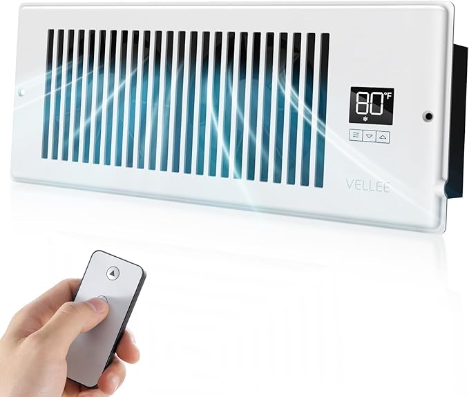 VELLEE Quiet Register Booster Fan Fits 4" x 12" (DUCT OPENING CUTOUT), 10-Speed Smart Heating Cooling AC Vent Booster Fan w/Remote Control & Thermostat Control (White) - Corded