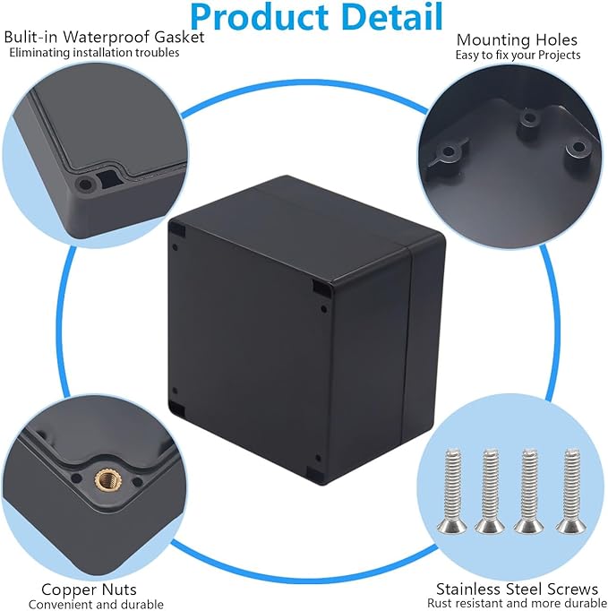 Project Box ABS Black Electrical Boxes IP67 Outdoor Waterproof Box Electronic Junction Box Power Enclosure with Cable Glands for DIY Project 4.7 x 4.7 x 3.5 inch (120x120x90mm)