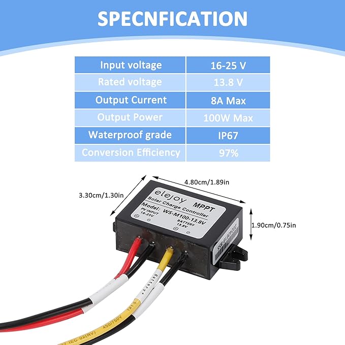 8 Amp 13.8V 100W MPPT Solar Charge Controller 99% LiFePO4 Lithium Iron Phosphate Battery Ultra-Compact and Lightweight IP67 Waterprof