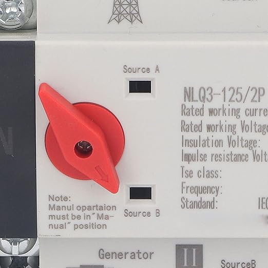Power Automatic Transfer Switch - 2P Generator Transfer Changeover Switch AC110V, 50Hz 60Hz, 63A for Continuous Power Supply