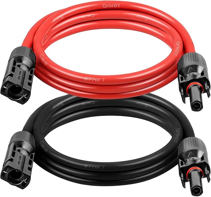 10AWG Solar Extension Cable 3FT – 2 Pack Red & Black PV Wire with Solar Connectors, 84-Strand Tinned Copper, Dual XLPE Insulated, Outdoor UV-Resistant Cable for RV, Inverter, Battery