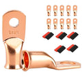 10 PCS Battery Terminal Connectors, Battery Cable Ends Lugs, 2 Gauge Wire Connectors, 2 AWG 1/4" Stud Ring Terminals, Copper Wire Lugs with Heat Shrink Tubing.