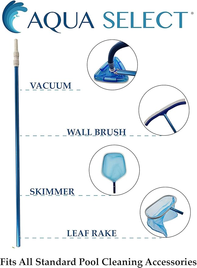 Aqua Select 4-8 Foot Telescoping Pool Vacuum Pole | Heavy Duty Aluminum Pole for Leaf Skimmers, Pool Brushes and Vacuum Heads | Expandable Swimming Pool Pole