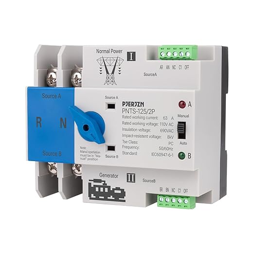 Automatic Transfer Switch for Generator 110V, 2Pole 63A 80A 100A 125A ATS Dual Power Switch with Manual Control, DIN Rail Mount, for Home RV Generator (2P 110V, 63A)