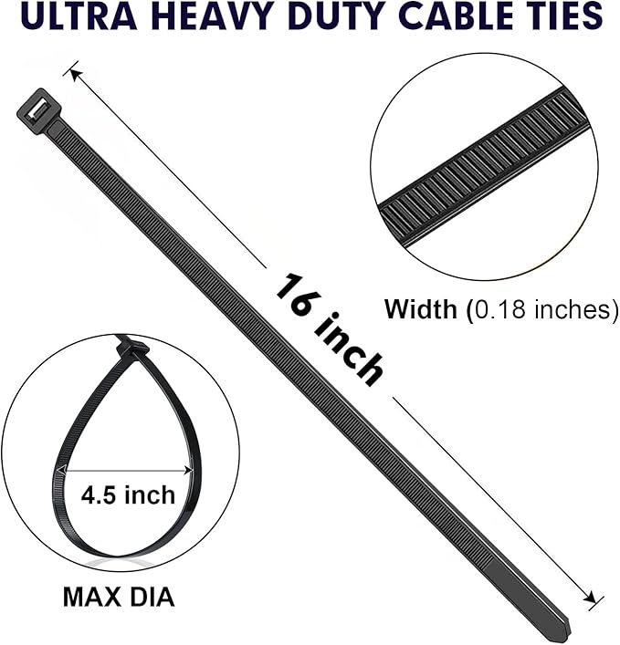 Zip Ties, RAZCC 1200pcs Black Cable Zip Ties 16 Inch, Heavy Duty Plastic Wire Ties with 50lb Tensile Strength, Self-Locking Black Nylon Tie Wraps for Indoor and Outdoor