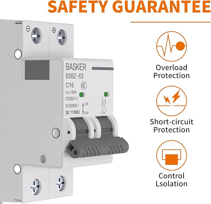 BASKER DC Circuit Breaker, 16 Amp 2 Poles 500V Solar Disconnect Switch for Solar PV System Solar Panels Grid System,Thermal Magnetic Trip,DIN Rail Mount, DC Breaker MCB (16A)