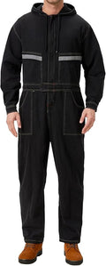 Mens Denim Work Coveralls with Hood Heavy Duty Work Jumpsuit Loose Fit Coverall Hi Viz Mechanic Jeans Overalls