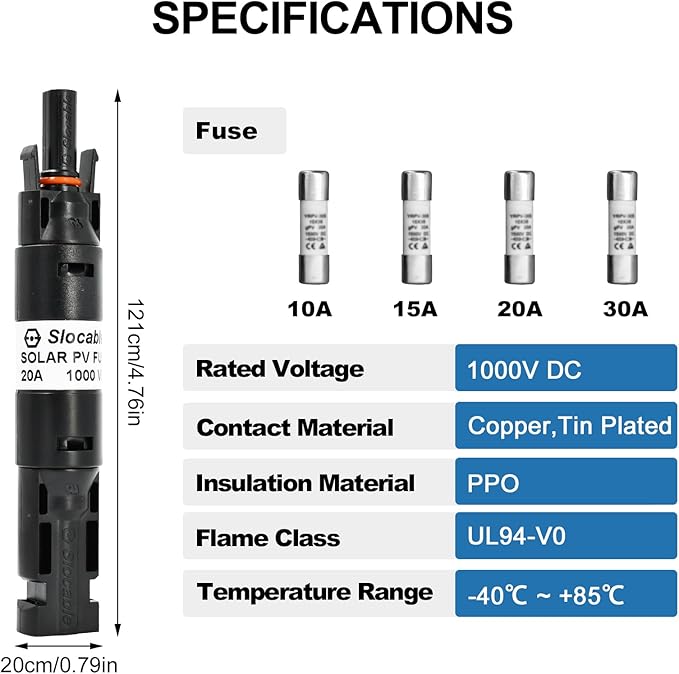 15A Solar Fuse Inline Holder, 1000VDC IP68 Waterproof PV Fuse Connector, for Solar Photovoltaic System, with 10X38mm Fuse (15A)