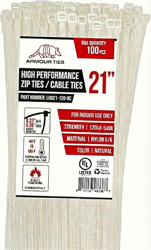 21-inch White Zip Ties Heavy Duty Natural Nylon Cable Ties, 120lb Tensile Strength, 100-Pack - Durable Wire Ties, Heavy Duty Tie Straps Indoor Cable Management Solution by ARMOUR TIES