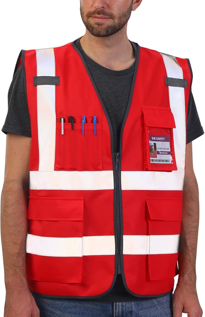 Dib Safety Reflective Vest ANSI Class 2, High Visibility Vest with Pockets and Zipper, Construction Work, Hi Vis