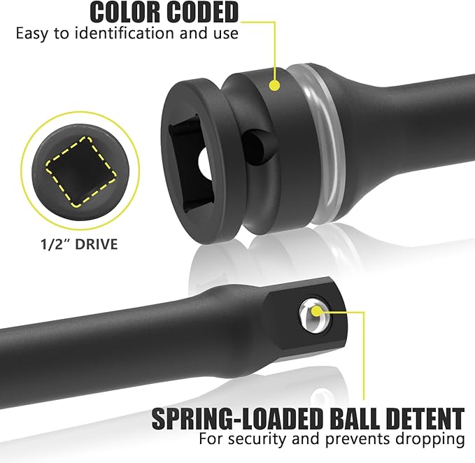 1/2" Drive 120 Ft-Lbs Torque Limiting Extension Bar, 8 Inch Color-Coded Lug Nut Torque Sticks