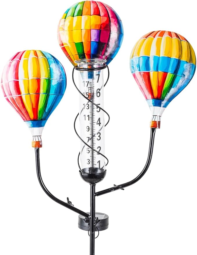 Solar Rain Gauge, Hot Air Balloon Rain Gauge Outdoor, Metal Rain Measure Gauge with 7 Inch Tube, Decorative Rainfall Measurement for Patio, Lawn, Garden