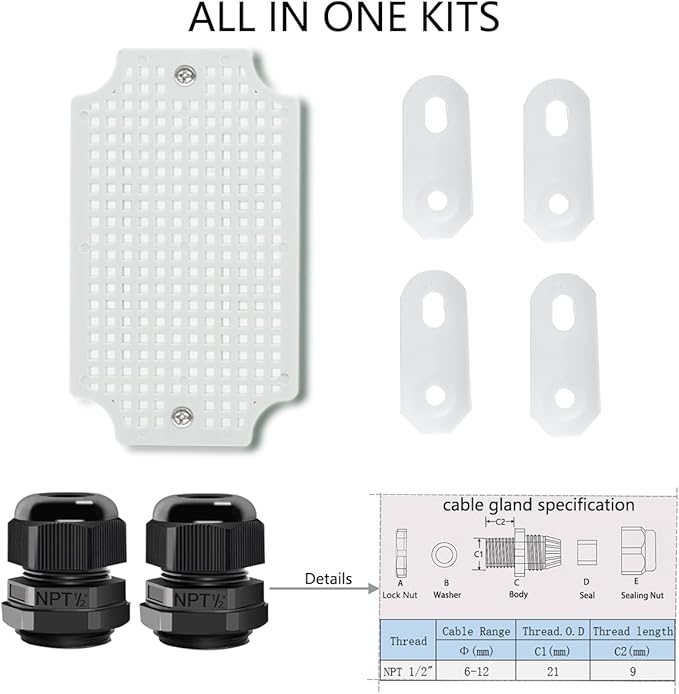 Junction Box, Hinged Cover IP67 Waterproof ABS Project Box with 2 NPT 1/2" Cable Gland, Electrical Box Enclosure with Mounting Plate & Wall Bracket 5.9 x 3.9 x 2.8inch(150x100x70mm)