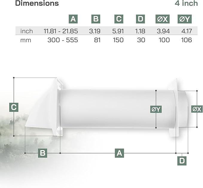 Vent Systems 4'' Inch Plastic Adjustable Through Wall Ventilation Kit - Dryer Vent Kit - Ventilation Tube With Exhaust Hood Vent Cover And Duct Connector - Built In Gravity Damper in Exhaust Hood